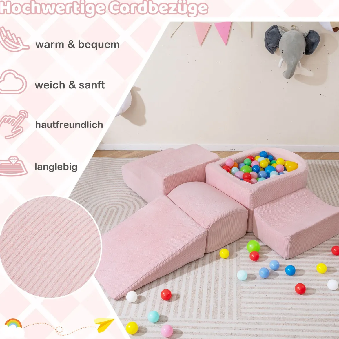 5er Set Schaumstoff Bausteine mit Ballgrube (Bälle nicht enthalten) & Cordstoff-Bezügen Kletterblöcke Spielbausteine Rosa