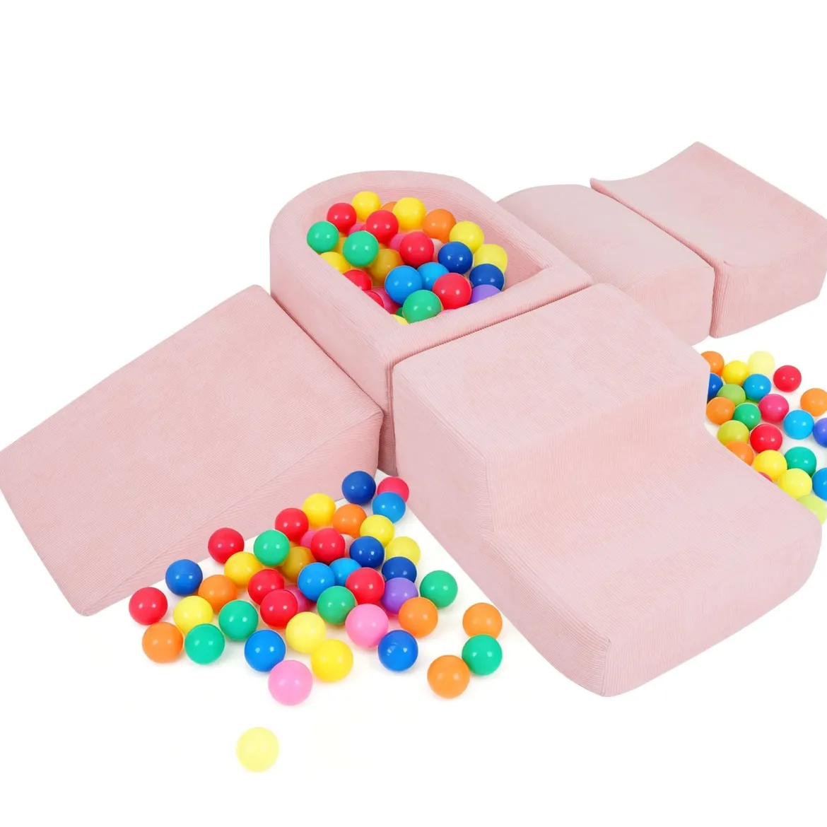 5er Set Schaumstoff Bausteine mit Ballgrube (Bälle nicht enthalten) & Cordstoff-Bezügen Kletterblöcke Spielbausteine Rosa