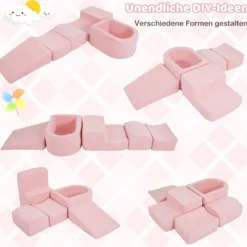 5er Set Schaumstoff Bausteine mit Ballgrube (Bälle nicht enthalten) & Cordstoff-Bezügen Kletterblöcke Spielbausteine Rosa