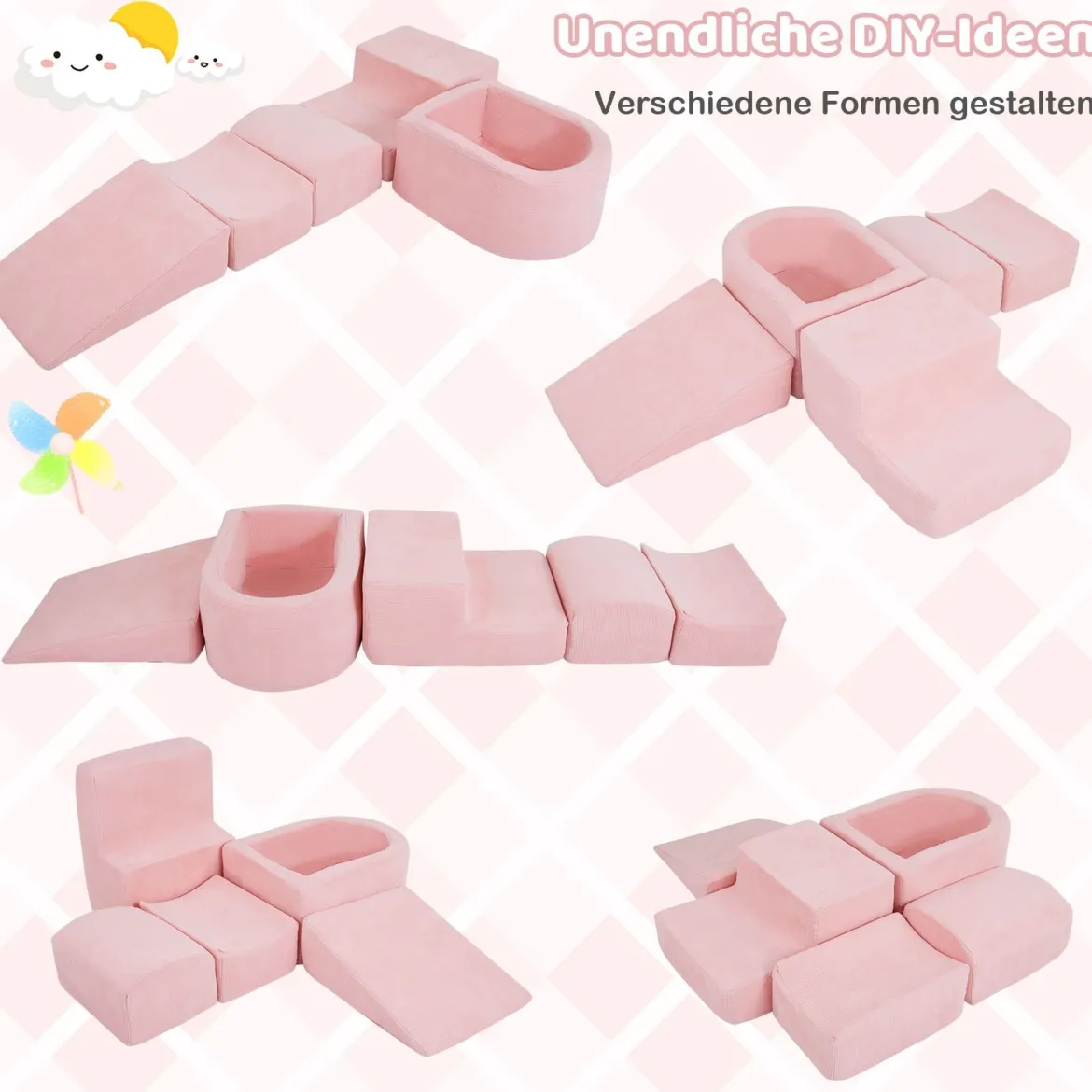 5er Set Schaumstoff Bausteine mit Ballgrube (Bälle nicht enthalten) & Cordstoff-Bezügen Kletterblöcke Spielbausteine Rosa