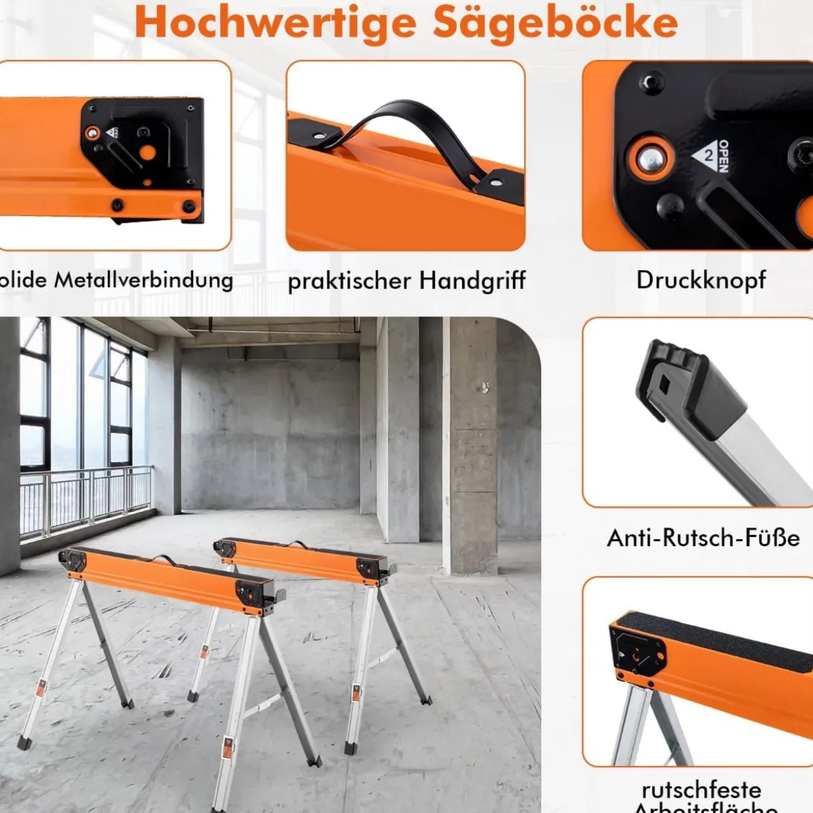 2er-Set Sägeböcke Klappbar Tragbare Arbeitsböcke bis 500 kg belastbar