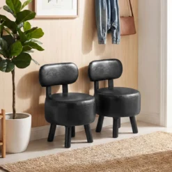 2er Set Sitzhocker mit Rückenlehne & Kunstlederbezug Gepolsterter Hocker bis 150 kg Tragkraft Schwarz