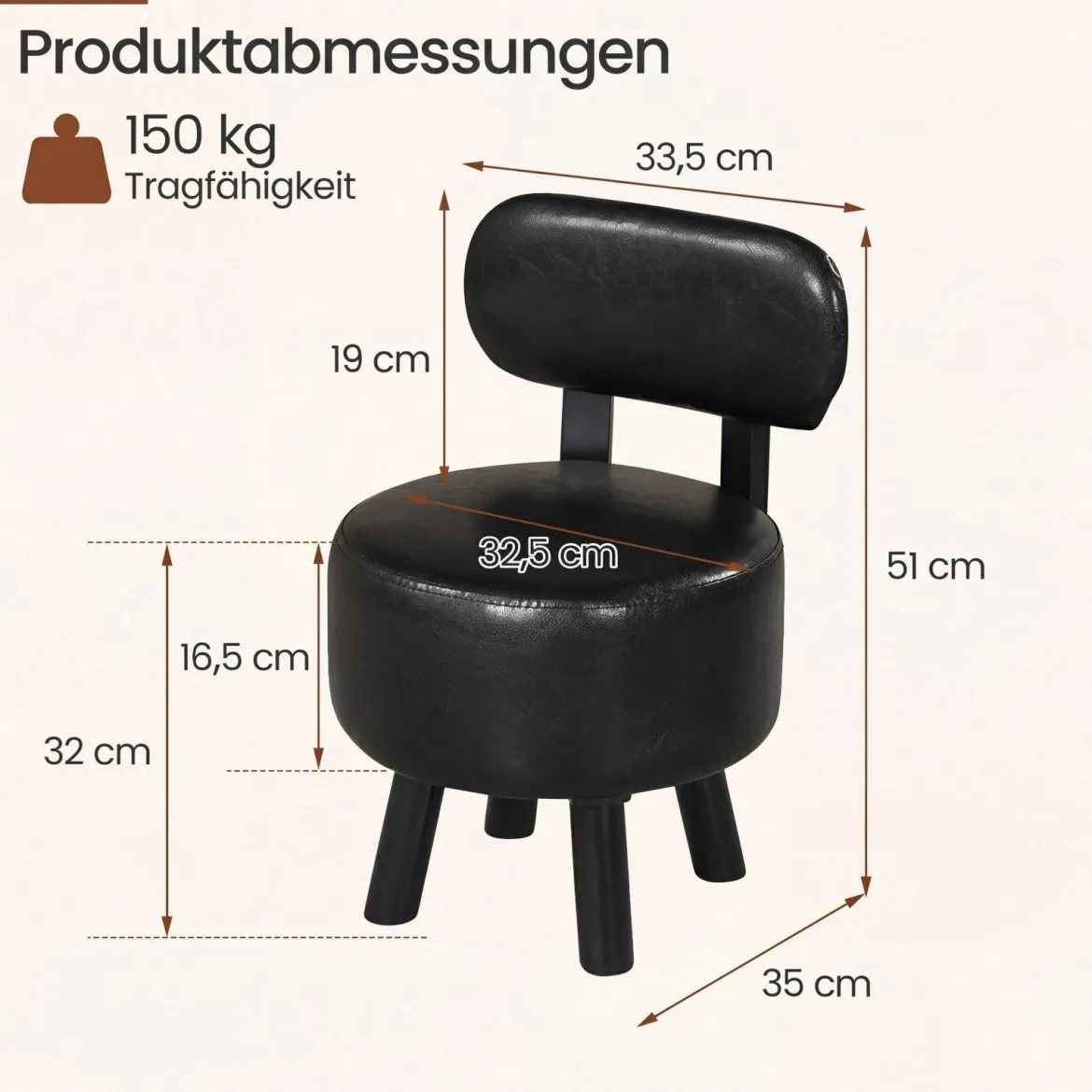 2er Set Sitzhocker mit Rückenlehne & Kunstlederbezug Gepolsterter Hocker bis 150 kg Tragkraft Schwarz