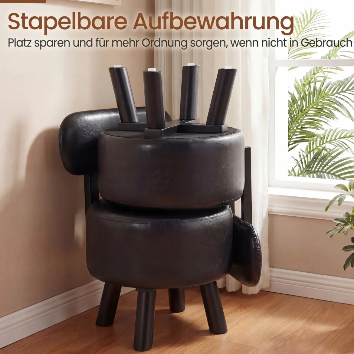 2er Set Sitzhocker mit Rückenlehne & Kunstlederbezug Gepolsterter Hocker bis 150 kg Tragkraft Schwarz
