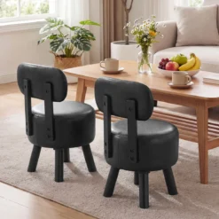 2er Set Sitzhocker mit Rückenlehne & Kunstlederbezug Gepolsterter Hocker bis 150 kg Tragkraft Schwarz