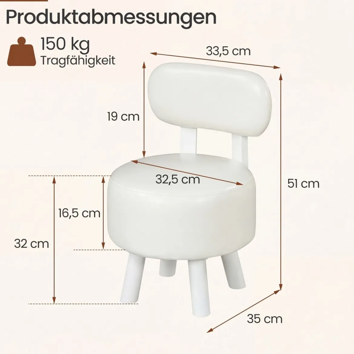 2er Set Sitzhocker mit Rückenlehne & Kunstlederbezug Gepolsterter Hocker bis 150 kg Tragkraft Weiß