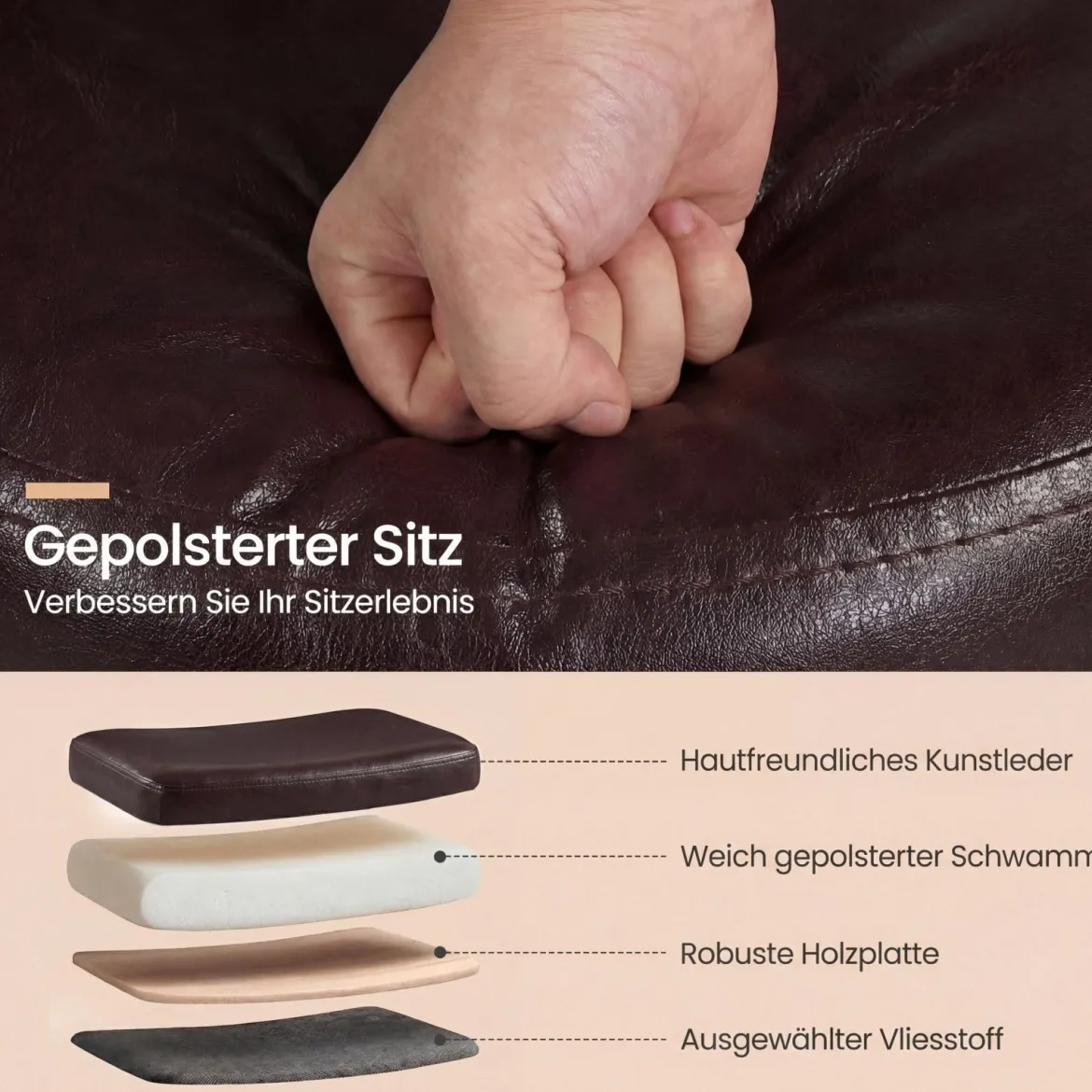 2er Set Sitzhocker mit Rückenlehne & Kunstlederbezug Gepolsterter Hocker bis 150 kg Tragkraft Braun