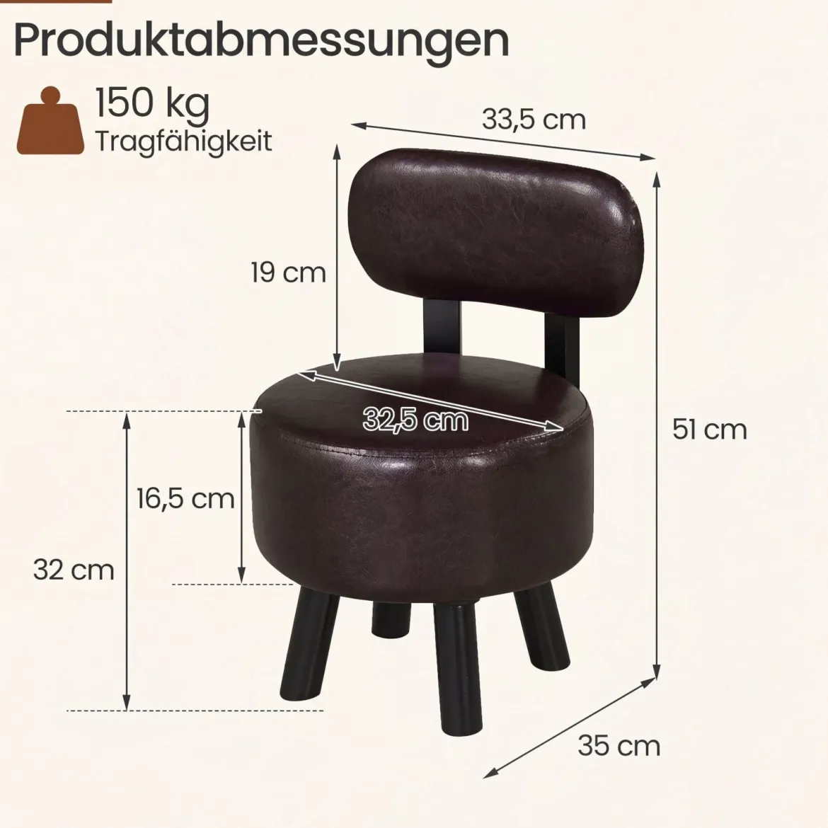 2er Set Sitzhocker mit Rückenlehne & Kunstlederbezug Gepolsterter Hocker bis 150 kg Tragkraft Braun
