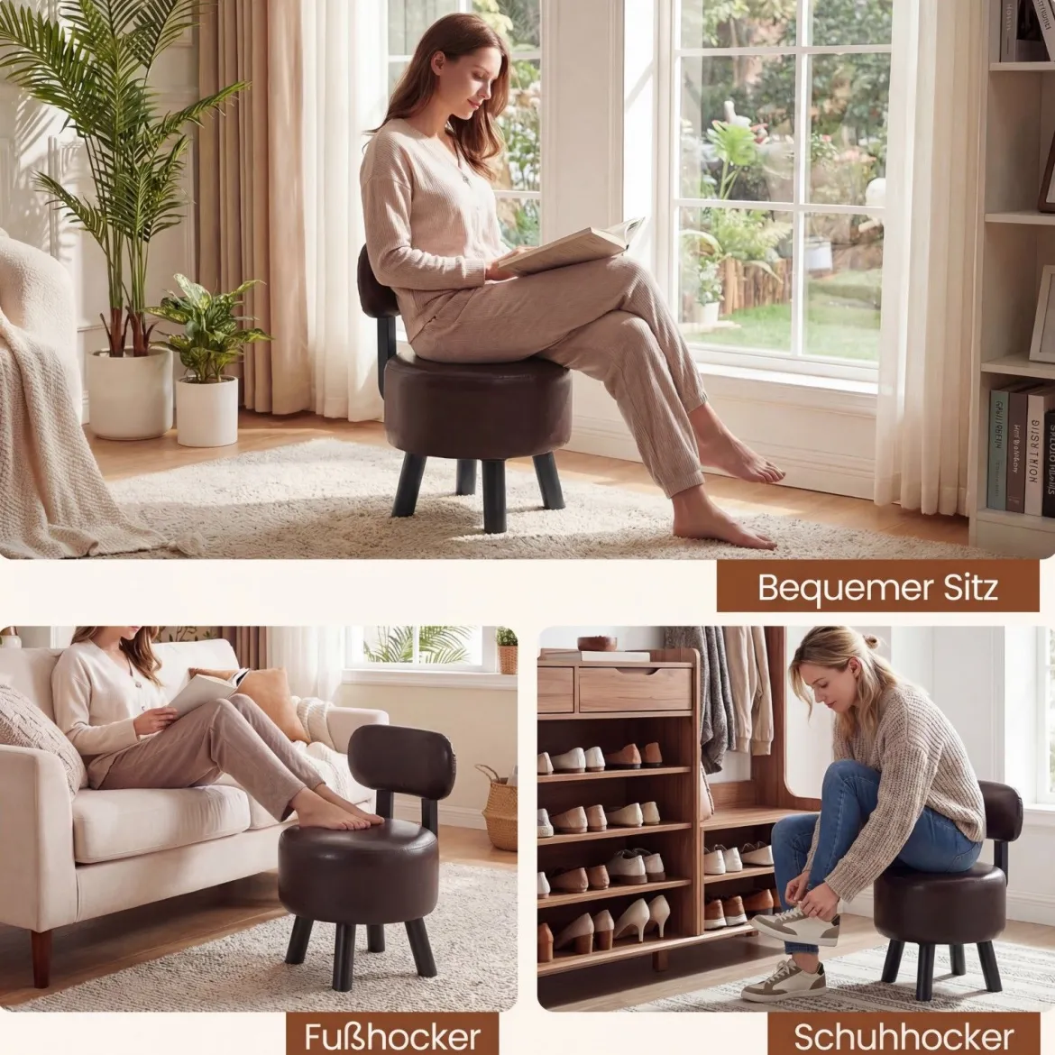 2er Set Sitzhocker mit Rückenlehne & Kunstlederbezug Gepolsterter Hocker bis 150 kg Tragkraft Braun