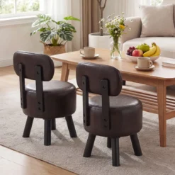 2er Set Sitzhocker mit Rückenlehne & Kunstlederbezug Gepolsterter Hocker bis 150 kg Tragkraft Braun