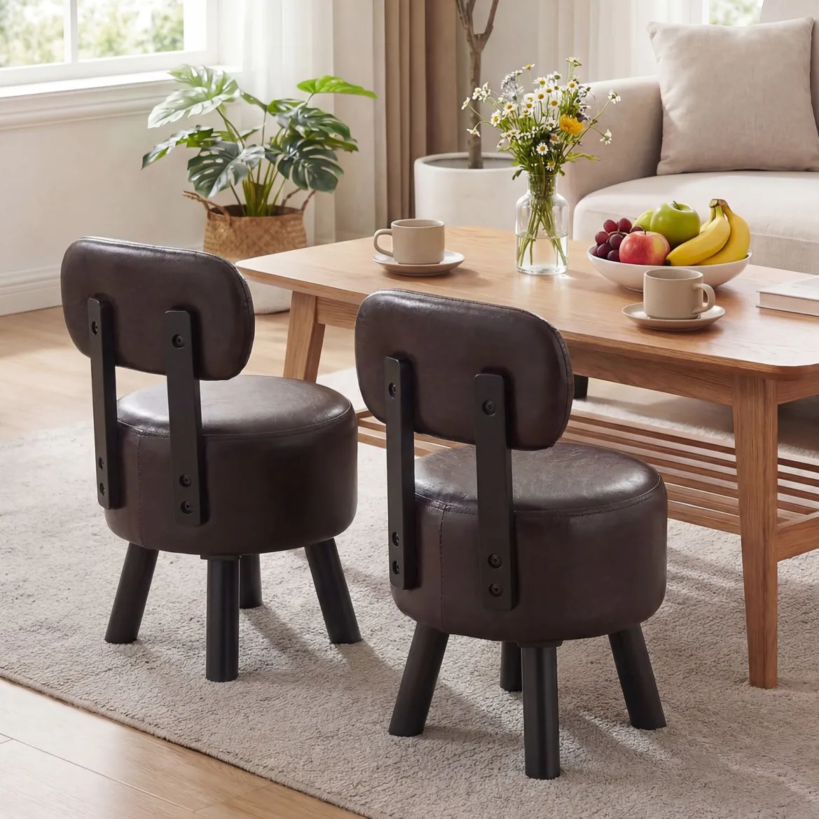 2er Set Sitzhocker mit Rückenlehne & Kunstlederbezug Gepolsterter Hocker bis 150 kg Tragkraft Braun