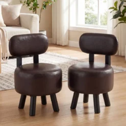 2er Set Sitzhocker mit Rückenlehne & Kunstlederbezug Gepolsterter Hocker bis 150 kg Tragkraft Braun