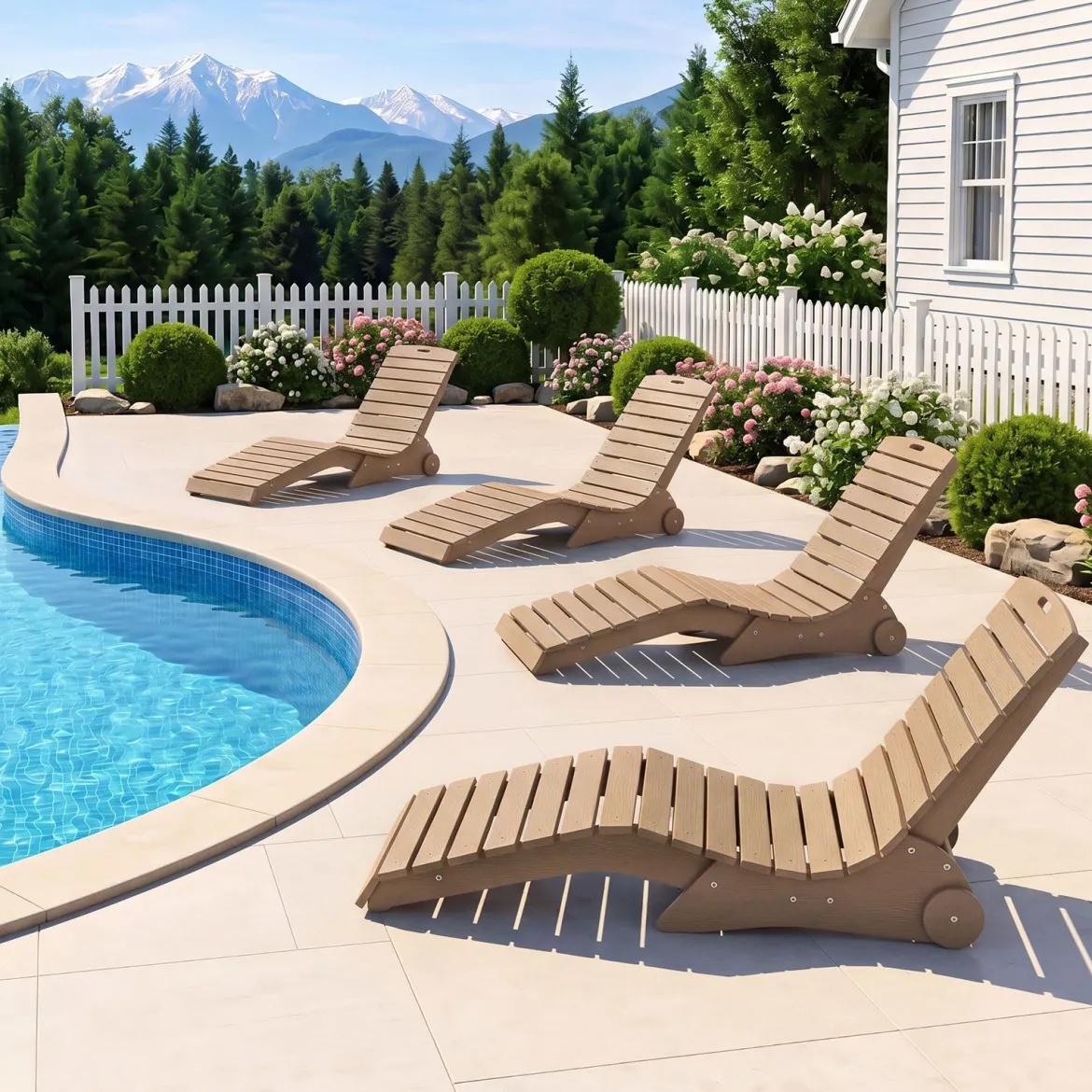 2er Set Sonnenliege aus HDPE Ergonomische Gartenliege in S Form Wetterfester Strandliege mit Rollen Braun