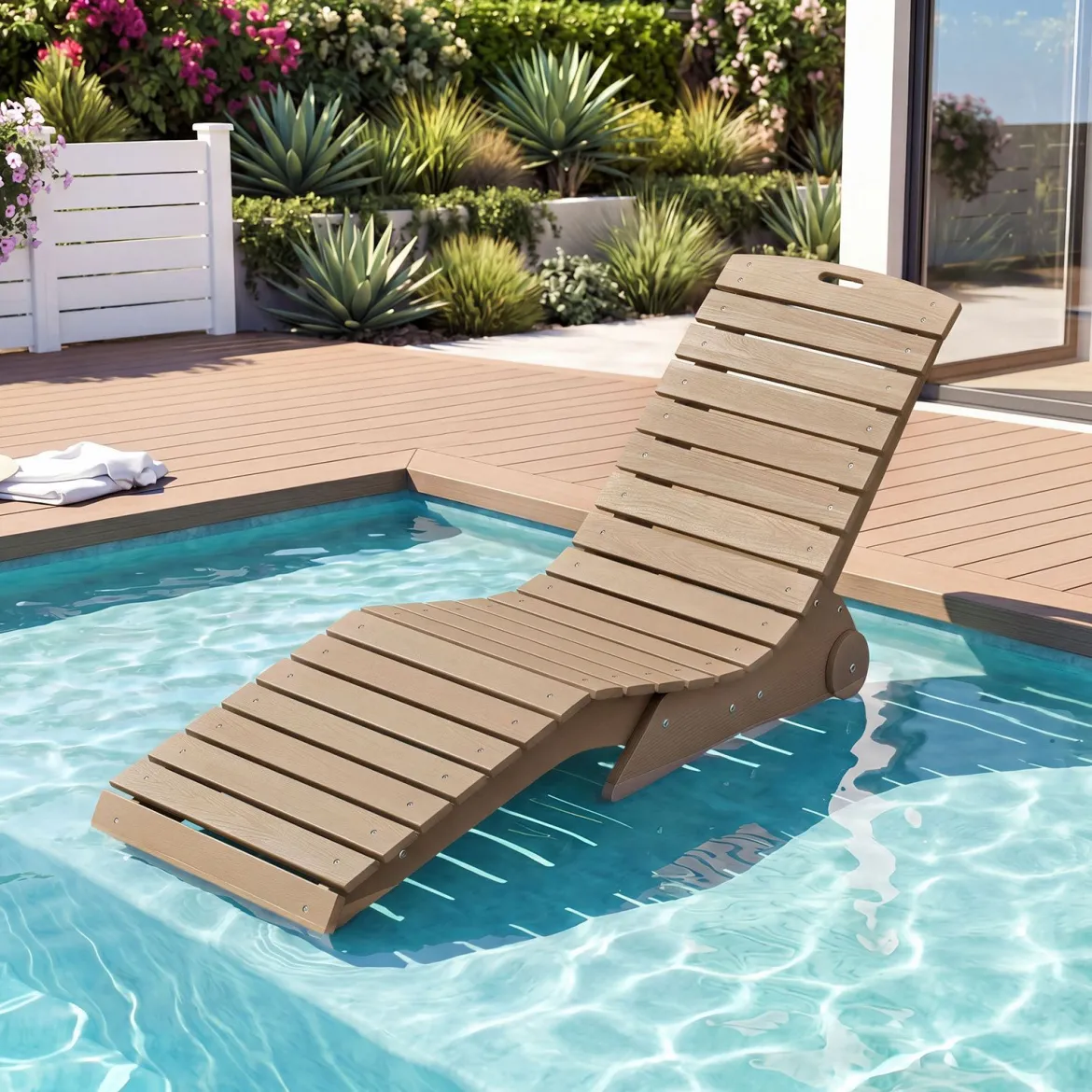 2er Set Sonnenliege aus HDPE Ergonomische Gartenliege in S Form Wetterfester Strandliege mit Rollen Braun
