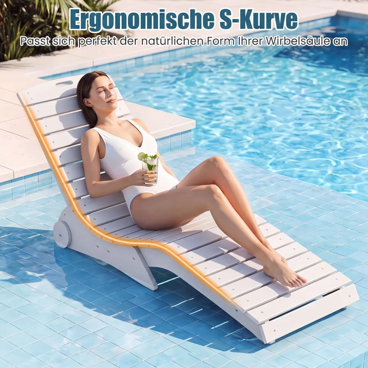 2er Set Sonnenliege aus HDPE Ergonomische Gartenliege in S Form Wetterfester Strandliege mit Rollen Braun