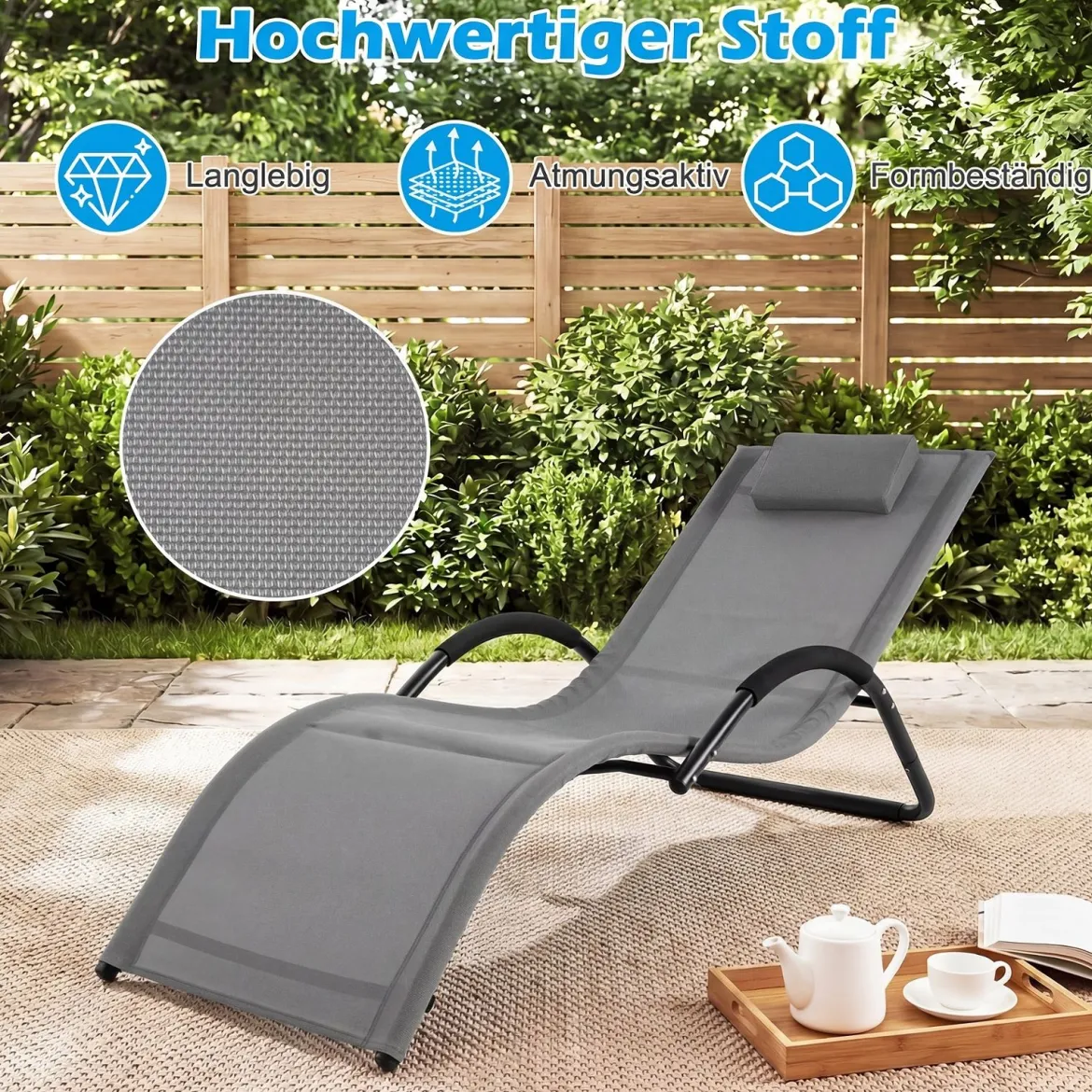 2er Set Sonnenliege Ergonomisch Gartenliege mit Abnehmbarem Kopfkissen Liegestuhl bis 160 kg Belastbar Grau/Blau
