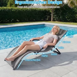 2er Set Sonnenliege Ergonomisch Gartenliege mit Abnehmbarem Kopfkissen Liegestuhl bis 160 kg Belastbar Grau/Blau
