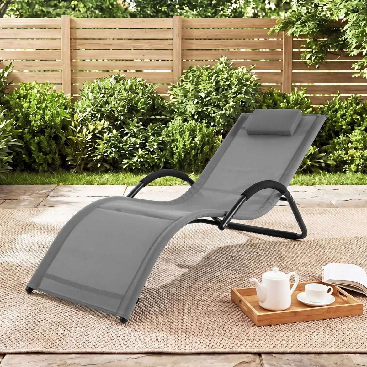 2er Set Sonnenliege Ergonomisch Gartenliege mit Abnehmbarem Kopfkissen Liegestuhl bis 160 kg Belastbar Grau/Blau
