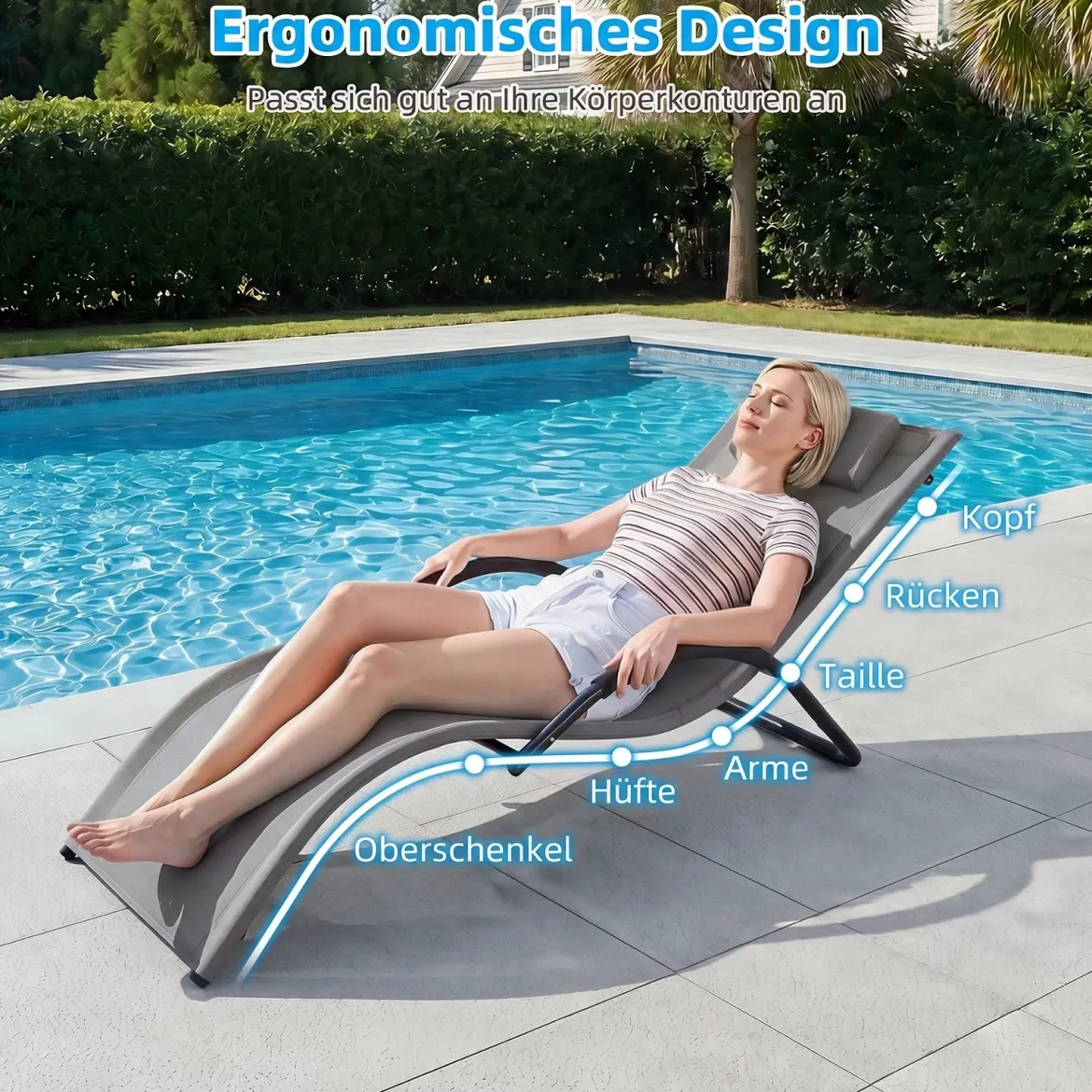 2er Set Sonnenliege Ergonomisch Gartenliege mit Abnehmbarem Kopfkissen Liegestuhl bis 160 kg Belastbar Grau/Blau