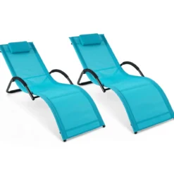 2er Set Sonnenliege Ergonomisch Gartenliege mit Abnehmbarem Kopfkissen Liegestuhl bis 160 kg Belastbar Grau/Blau