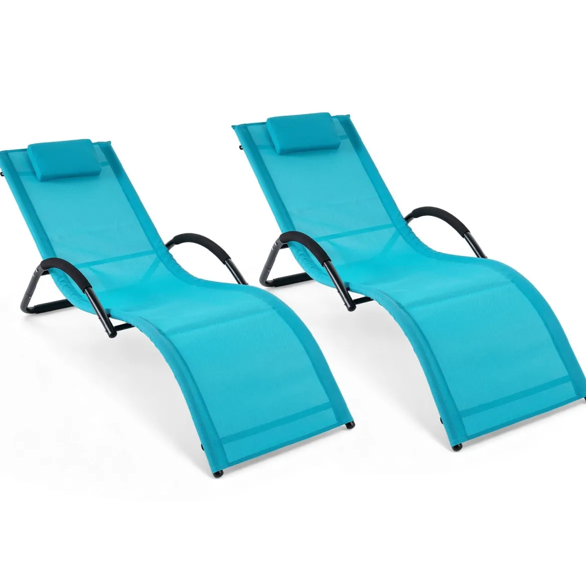 2er Set Sonnenliege Ergonomisch Gartenliege mit Abnehmbarem Kopfkissen Liegestuhl bis 160 kg Belastbar Grau/Blau