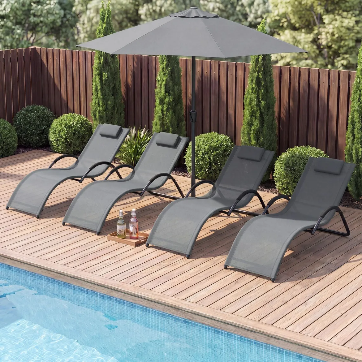 2er Set Sonnenliege Ergonomisch Gartenliege mit Abnehmbarem Kopfkissen Liegestuhl bis 160 kg Belastbar Grau/Blau