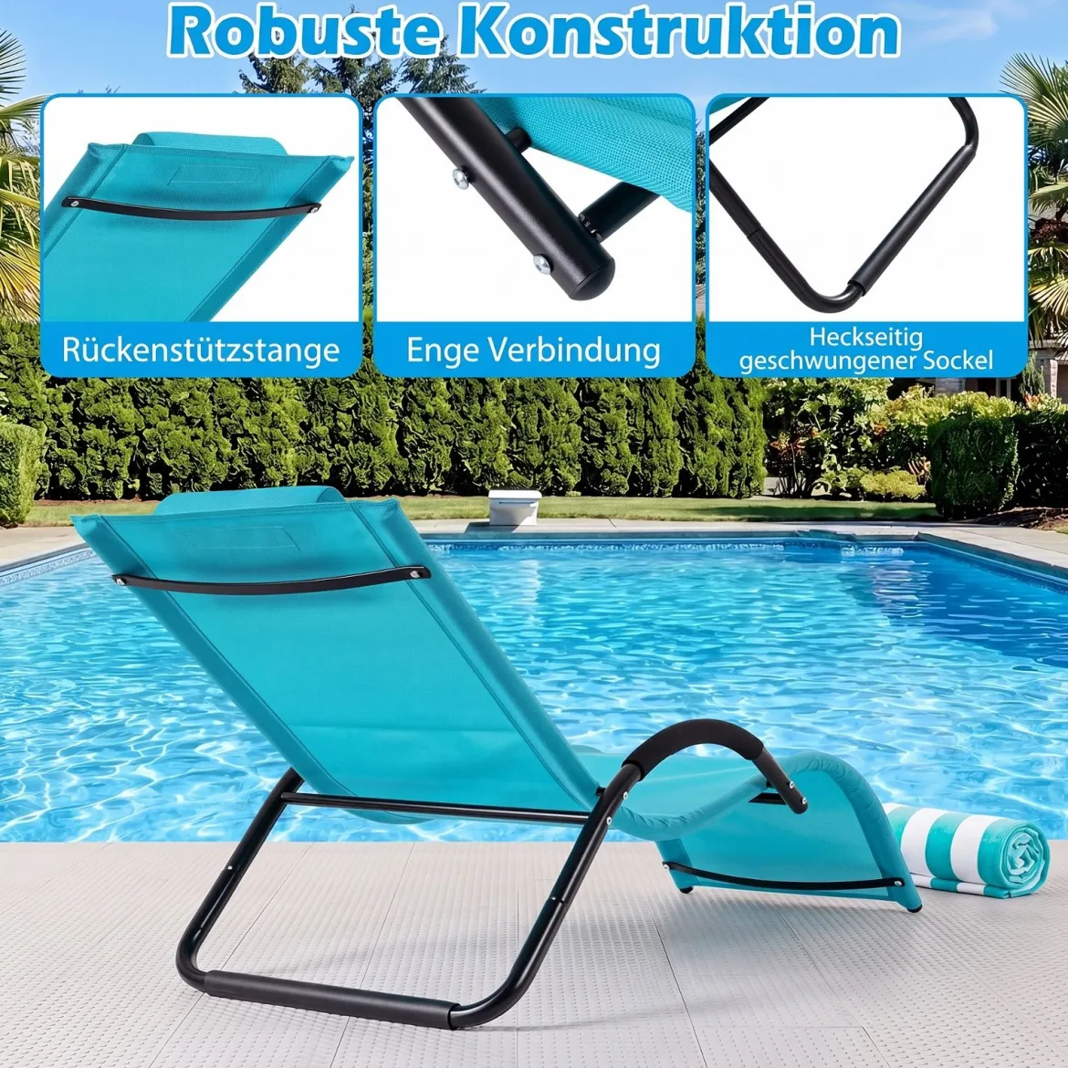 2er Set Sonnenliege Ergonomisch Gartenliege mit Abnehmbarem Kopfkissen Liegestuhl bis 160 kg Belastbar Grau/Blau