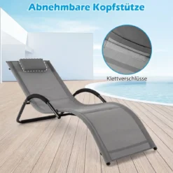 2er Set Sonnenliege Ergonomisch Gartenliege mit Abnehmbarem Kopfkissen Liegestuhl bis 160 kg Belastbar Grau/Blau