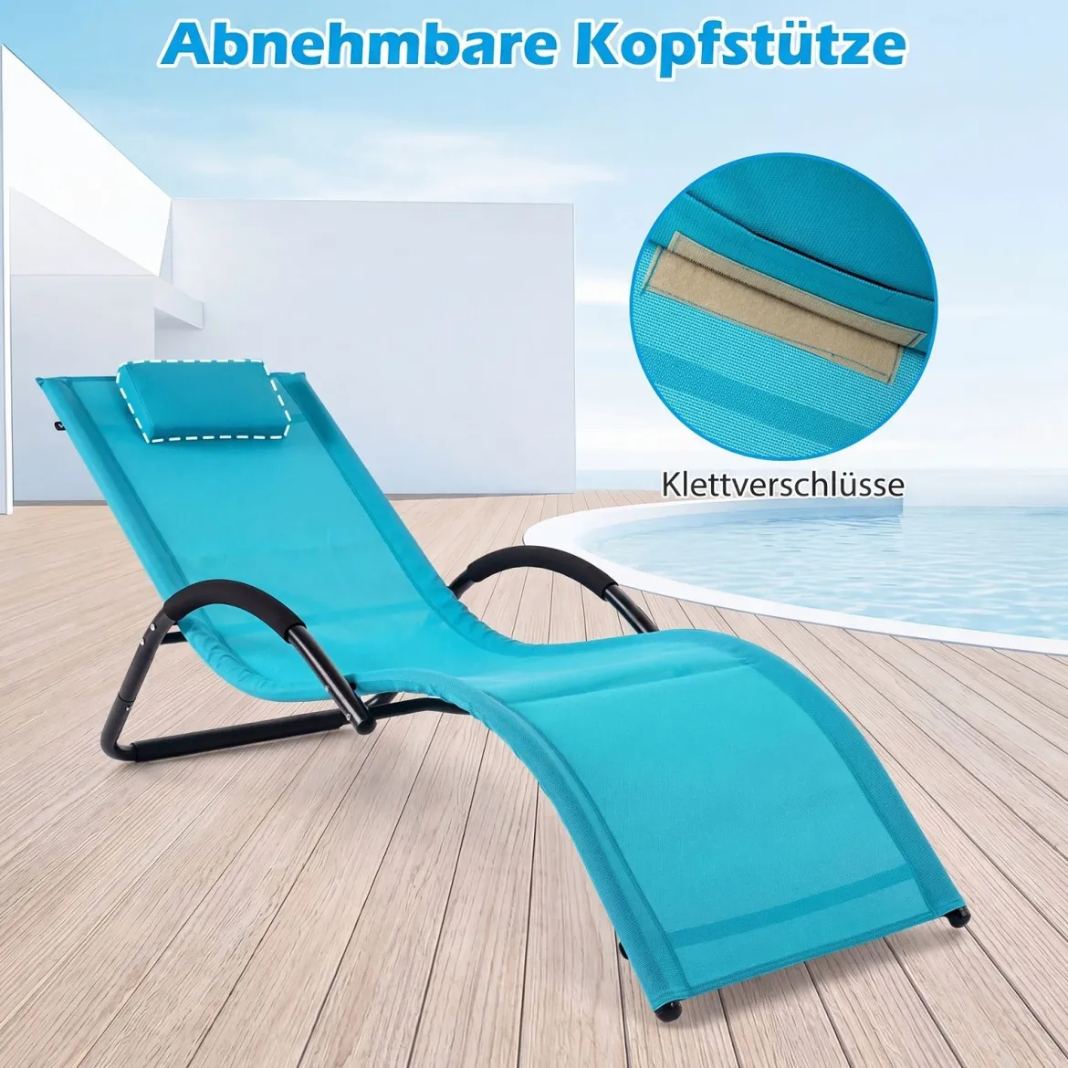 2er Set Sonnenliege Ergonomisch Gartenliege mit Abnehmbarem Kopfkissen Liegestuhl bis 160 kg Belastbar Grau/Blau