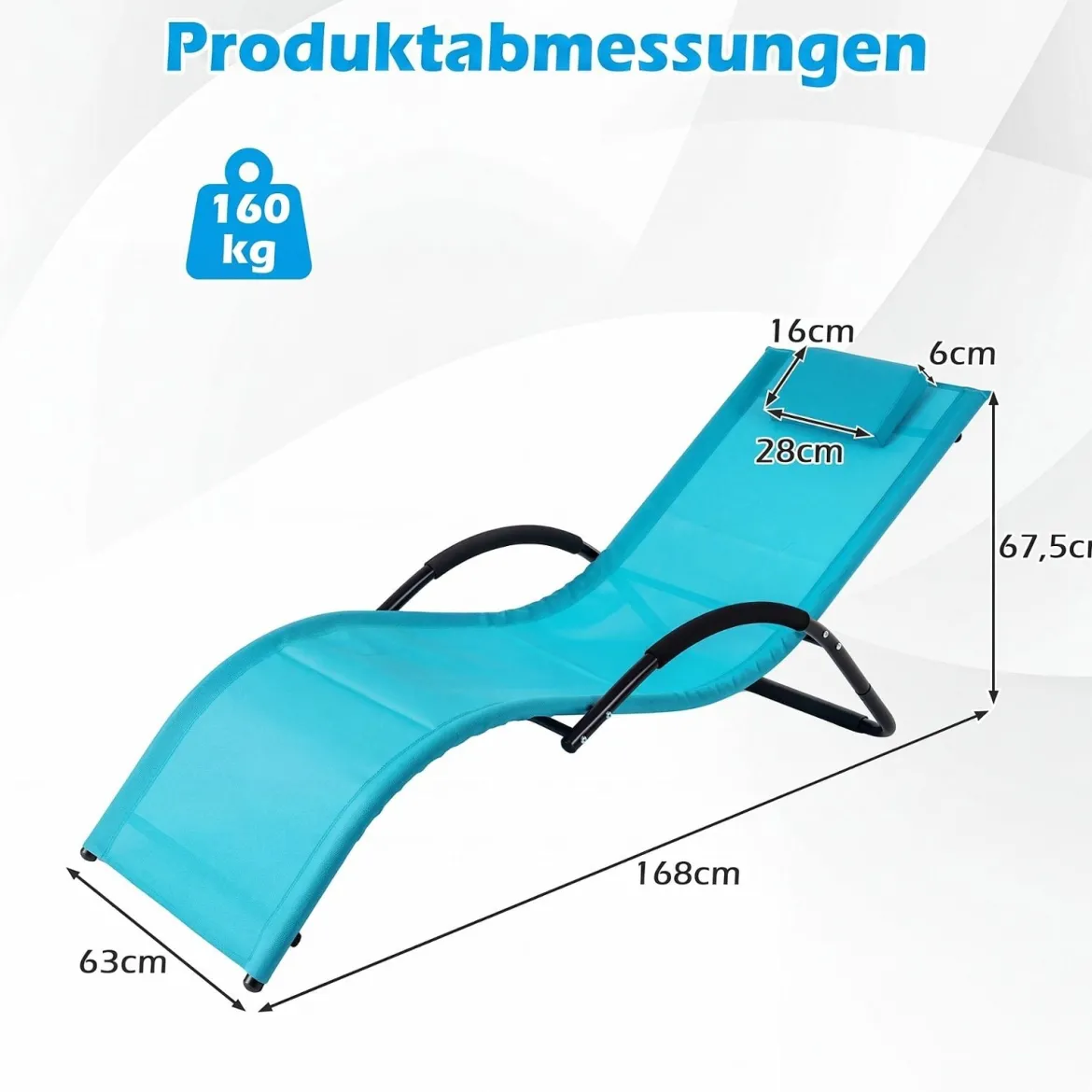 2er Set Sonnenliege Ergonomisch Gartenliege mit Abnehmbarem Kopfkissen Liegestuhl bis 160 kg Belastbar Grau/Blau