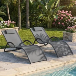 2er Set Sonnenliege Ergonomisch Gartenliege mit Abnehmbarem Kopfkissen Liegestuhl bis 160 kg Belastbar Grau/Blau