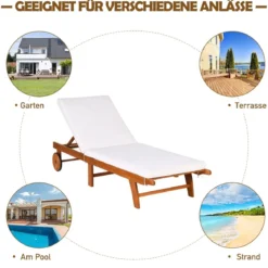 2er Set Sonnenliege Holz Gartenliege mit verstellbarer Rückenlehne mit Rollen und Kissen Strandliege für den Garten