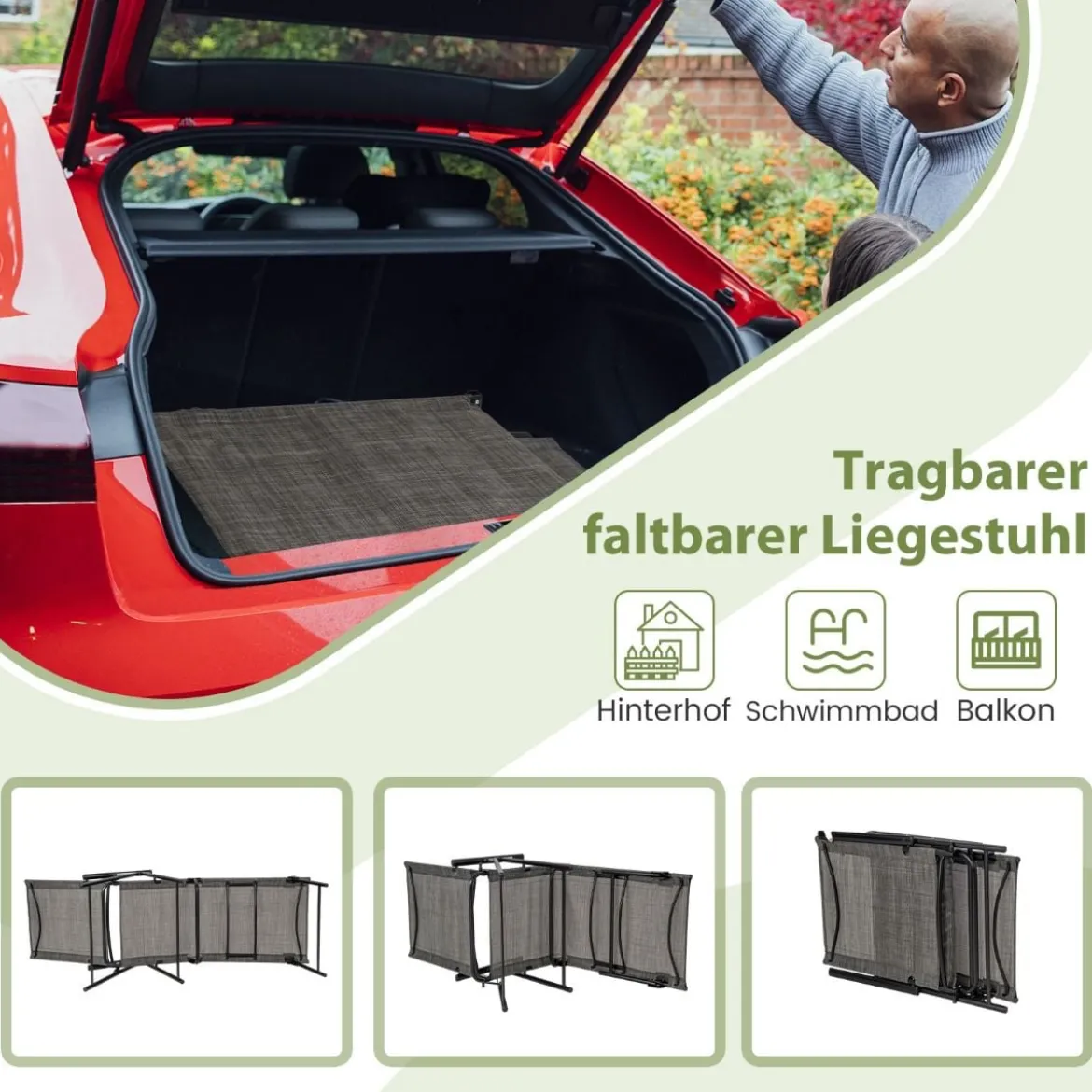 2er Set Sonnenliege klappbar Gartenliege mit verstellbarer Rückenlehne Grau/Braun/Schwarz