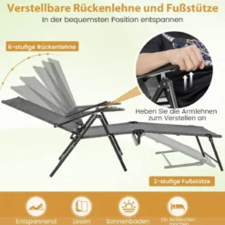 2er Set Sonnenliege klappbar Gartenliege mit verstellbarer Rückenlehne Grau/Braun/Schwarz
