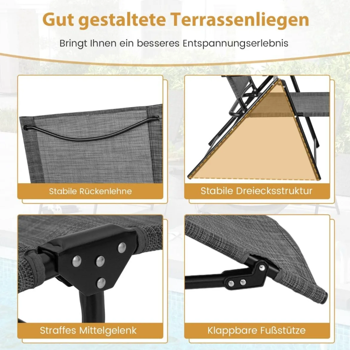 2er Set Sonnenliege klappbar Gartenliege mit verstellbarer Rückenlehne Grau/Braun/Schwarz