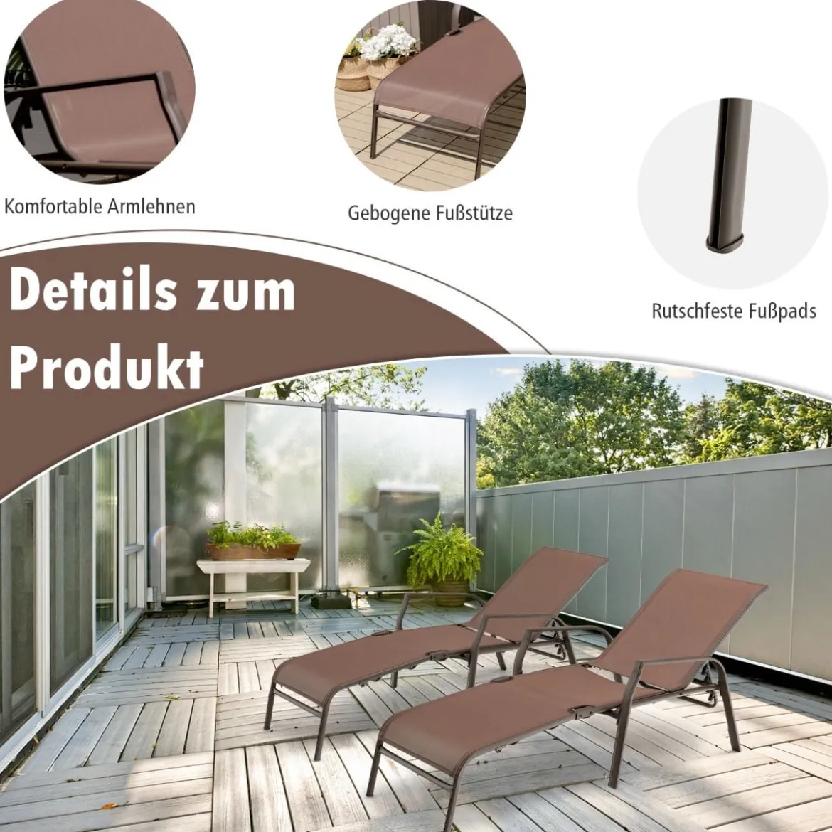 2er Set Sonnenliege mit 5-Positionen Verstellbarer Rückenlehne bis 150 kg Belastbar Gartenliege