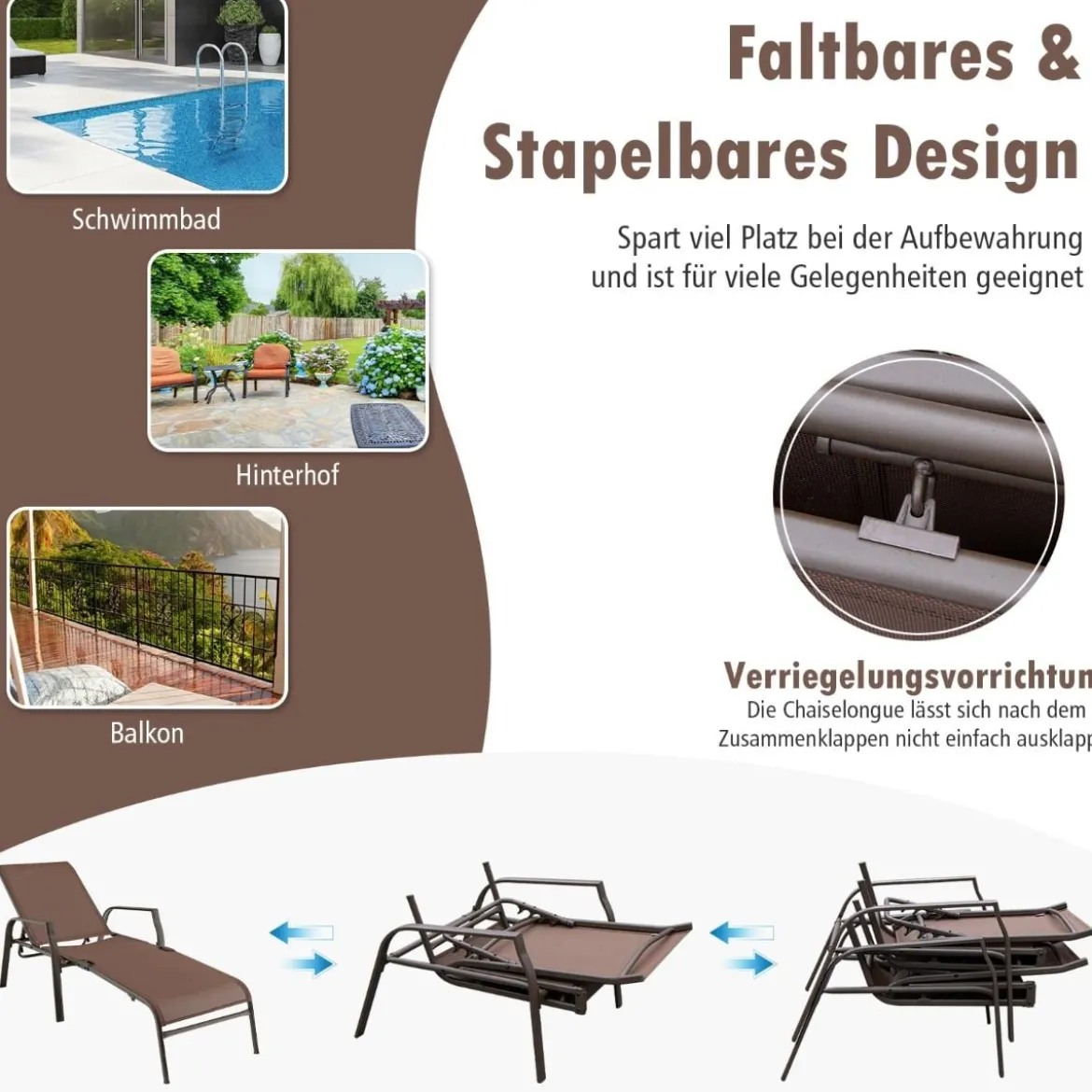 2er Set Sonnenliege mit 5-Positionen Verstellbarer Rückenlehne bis 150 kg Belastbar Gartenliege