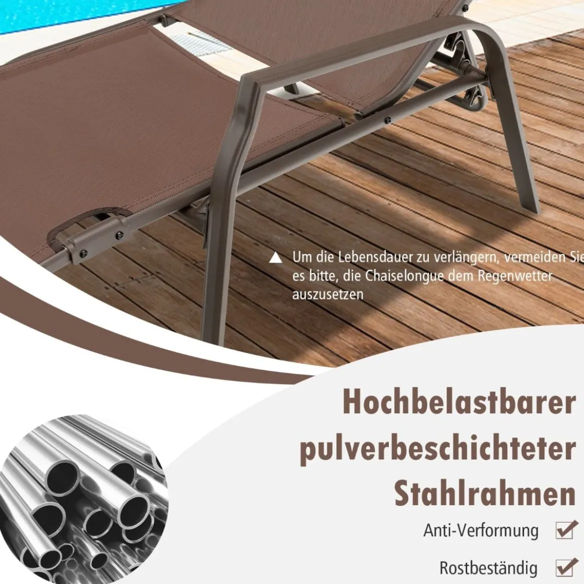 2er Set Sonnenliege mit 5-Positionen Verstellbarer Rückenlehne bis 150 kg Belastbar Gartenliege