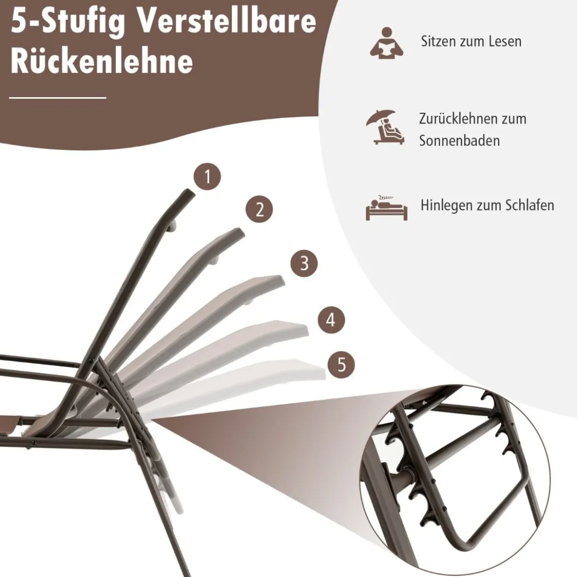 2er Set Sonnenliege mit 5-Positionen Verstellbarer Rückenlehne bis 150 kg Belastbar Gartenliege