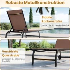2er Set Sonnenliege mit Rollen Robuste Gartenliege mit 6-Fach Verstellbare Rückenlehne bis 180° Flach