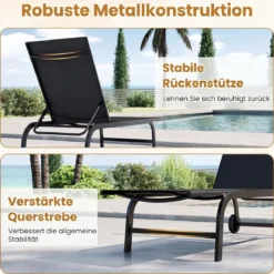 2er Set Sonnenliege mit Rollen Robuste Gartenliege mit 6-Fach Verstellbare Rückenlehne bis 180° Flach