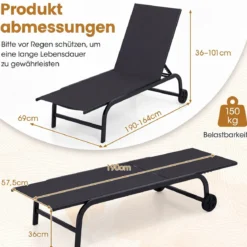 2er Set Sonnenliege mit Rollen Robuste Gartenliege mit 6-Fach Verstellbare Rückenlehne bis 180° Flach