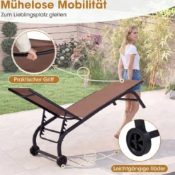 2er Set Sonnenliege mit Rollen Robuste Gartenliege mit 6-Fach Verstellbare Rückenlehne bis 180° Flach