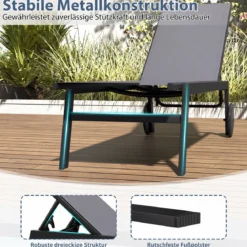 2er Set Sonnenliege mit Rollen Gartenliege mit Verstellbarer Rückenlehne und Schnelltrocknendem Stoff Grau