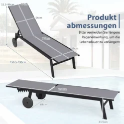 2er Set Sonnenliege mit Rollen Gartenliege mit Verstellbarer Rückenlehne und Schnelltrocknendem Stoff Grau