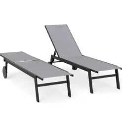 2er Set Sonnenliege mit Rollen Gartenliege mit Verstellbarer Rückenlehne und Schnelltrocknendem Stoff Grau