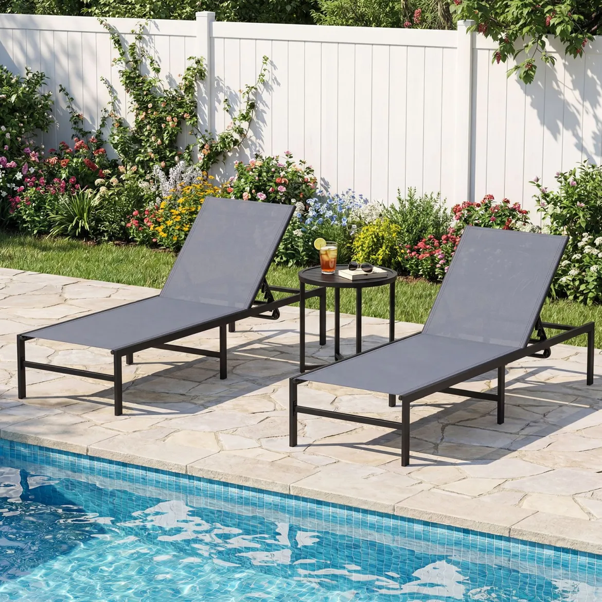 2er Set Sonnenliegestuhl für Außenbereich Anpassbarer Liegestuhl 64 x 198 x 67 - 103 cm Grau