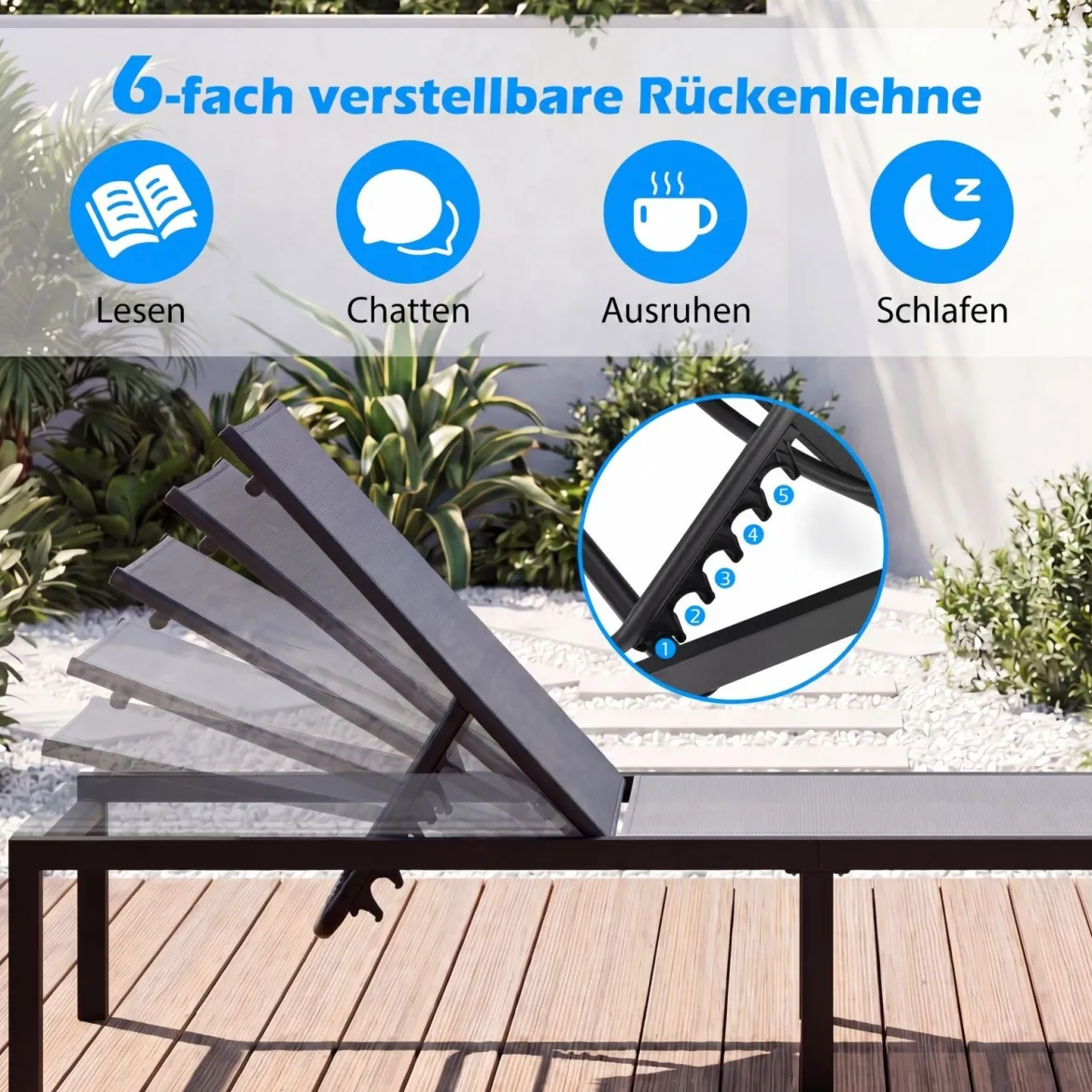 2er Set Sonnenliegestuhl für Außenbereich Anpassbarer Liegestuhl 64 x 198 x 67 - 103 cm Grau