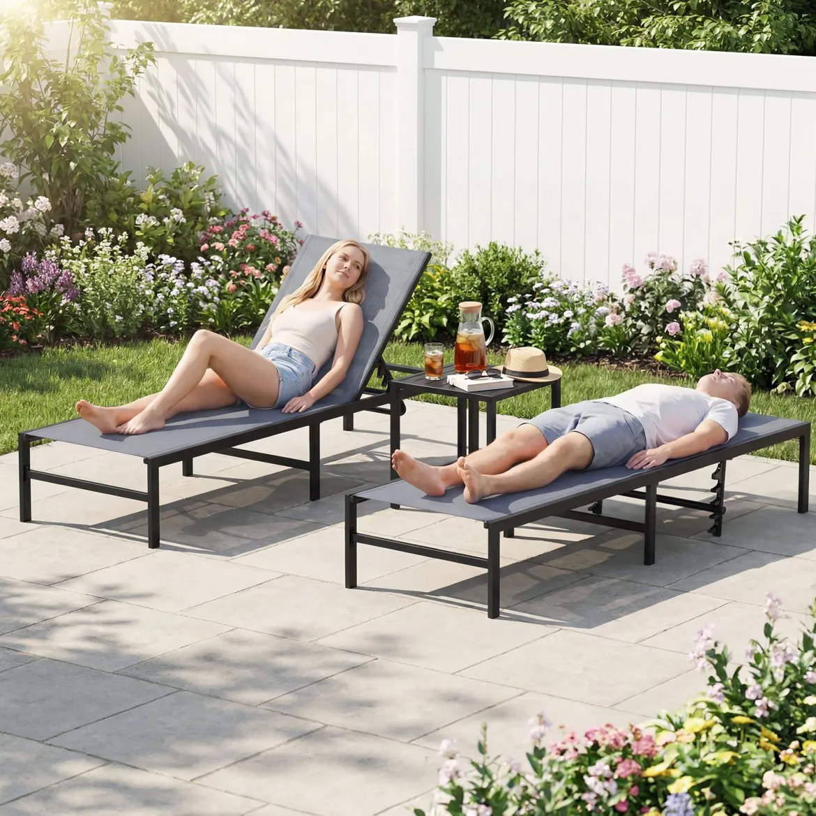 2er Set Sonnenliegestuhl für Außenbereich Anpassbarer Liegestuhl 64 x 198 x 67 - 103 cm Grau