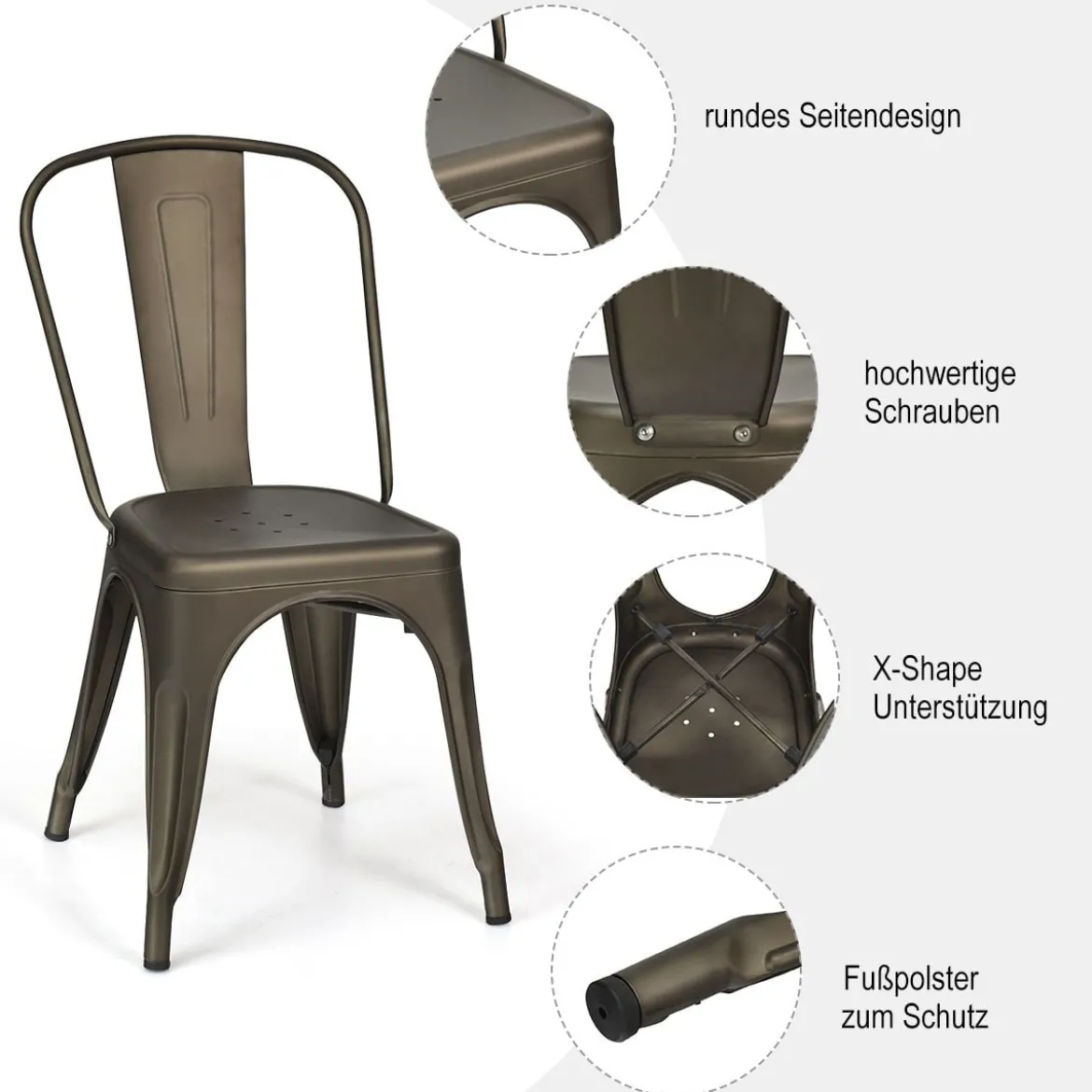4er Set Stapelbare Esszimmerstühle aus Metall Vintage Bistrostuhl mit Rückenlehne Rotguss
